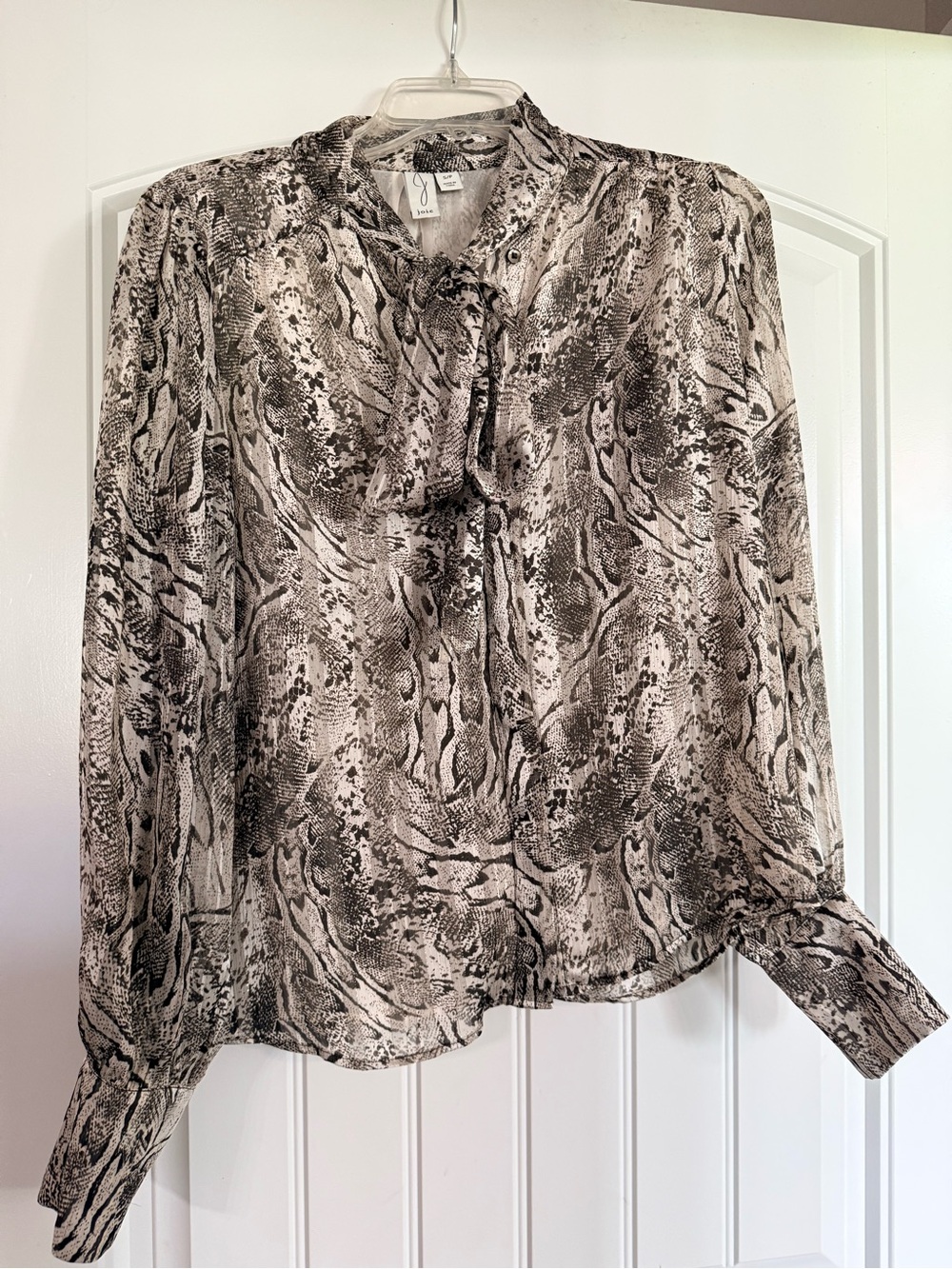 Joie Snake-Print Tie-Neck Blouse in Black and Cream